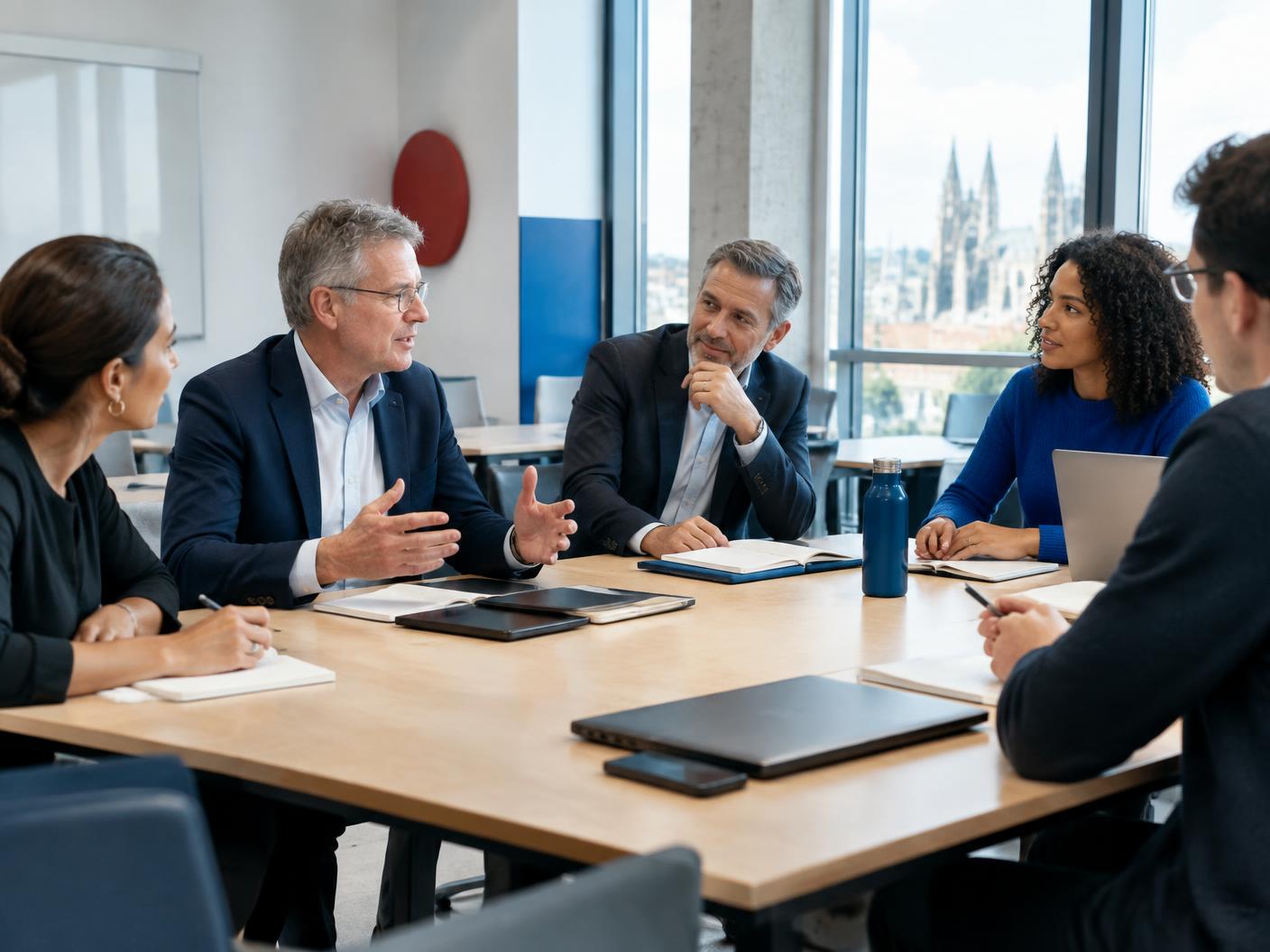 Equipo académico trabajando en una sesión colaborativa